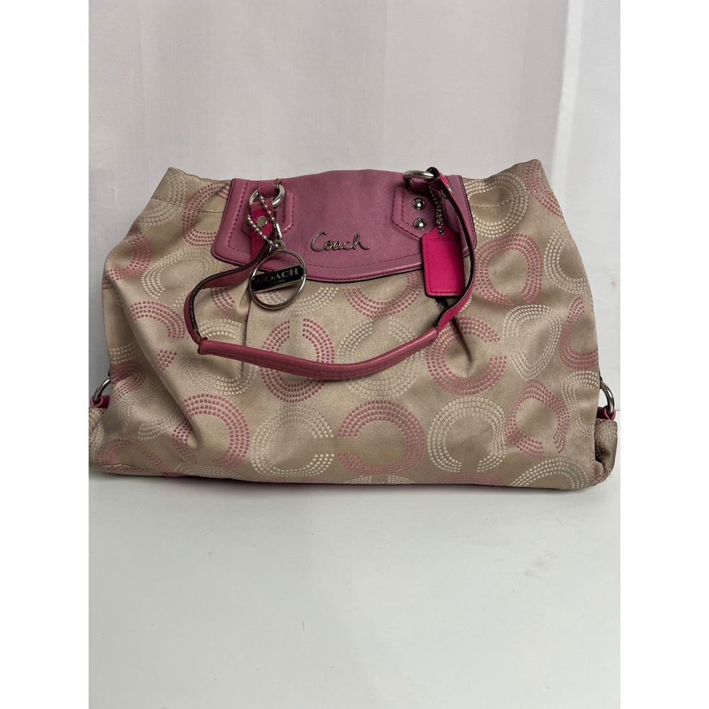 Vntg Coach Op Art C Jacquard Shoulder Bag Tan Pink Leather Trim Silver Hardware